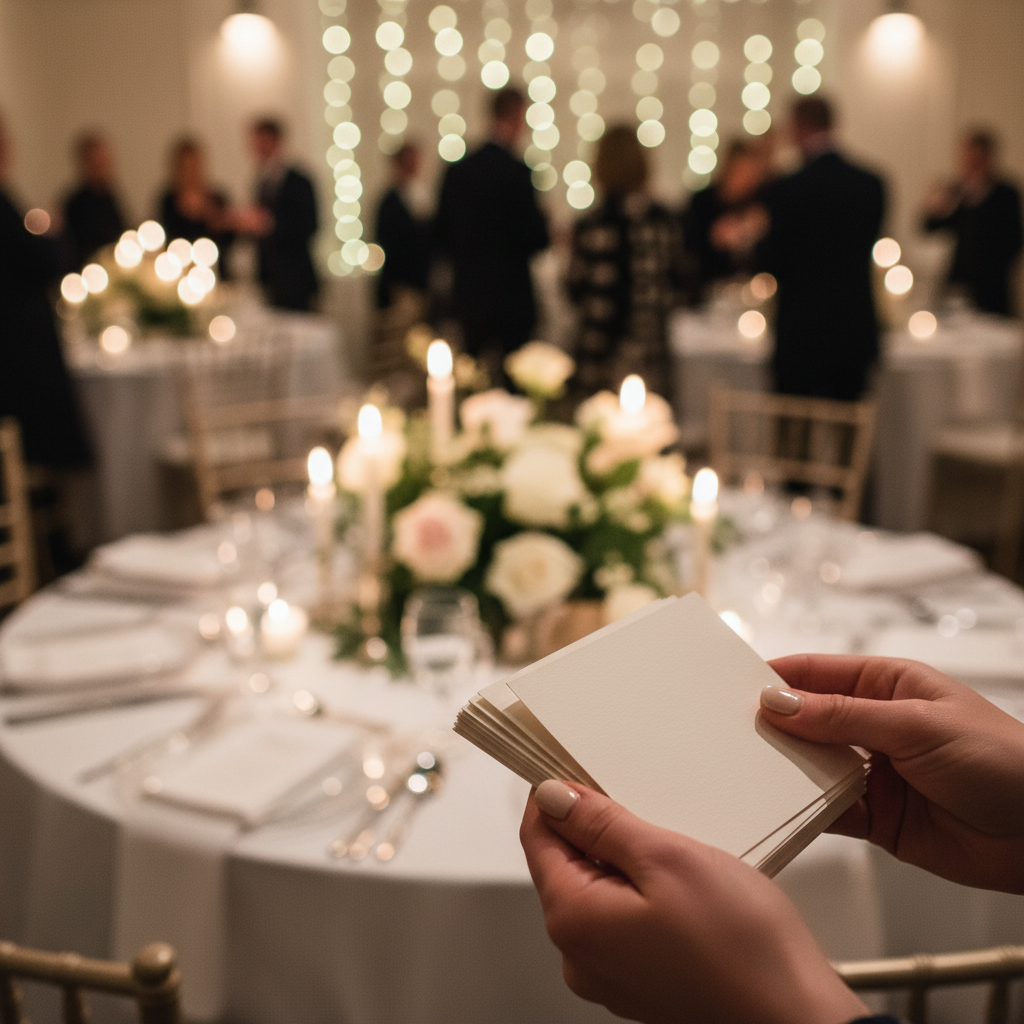 Hands holding folded note cards at a wedding reception