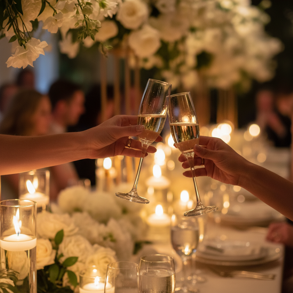 Two champagne flutes raised in a toast at a wedding reception