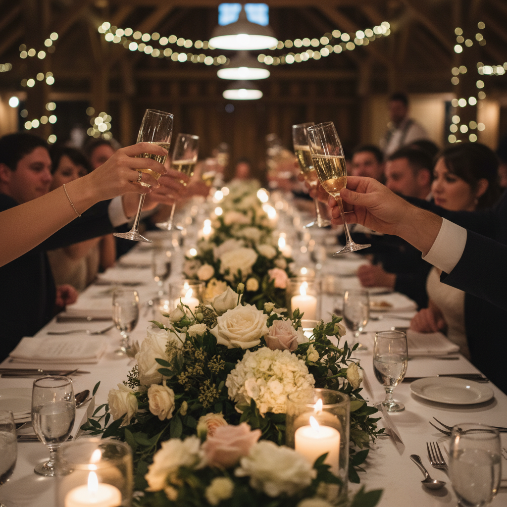 Wedding guests raising champagne glasses in a toast