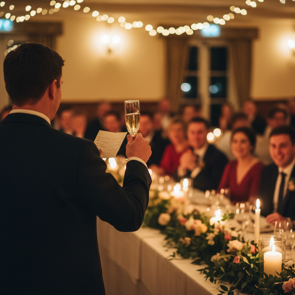 Person holding speech notes and champagne flute at a wedding