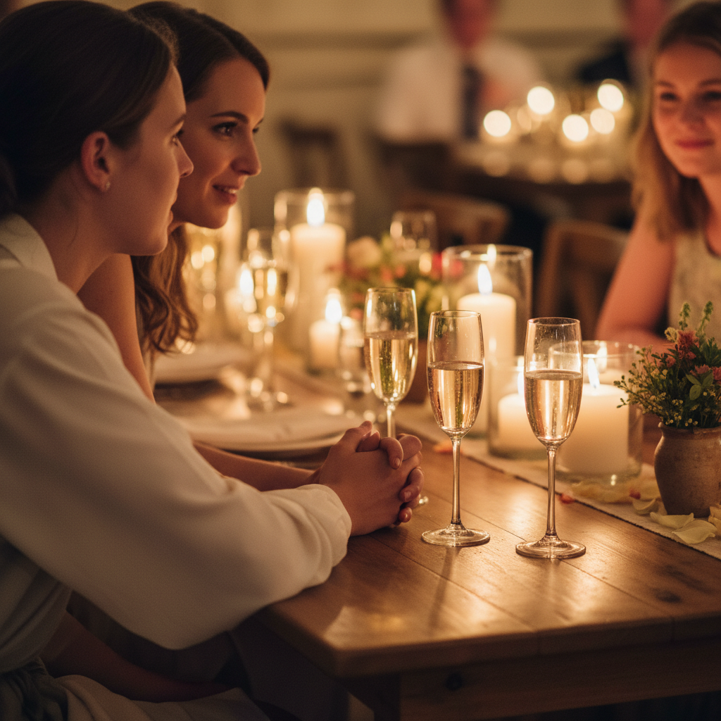 Friends at a wedding reception during a speech moment