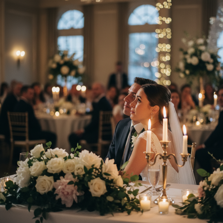 Wedding couple listening to a speech at their reception
