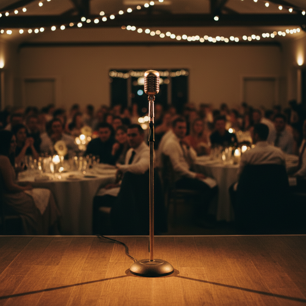 Microphone stand at a wedding reception with guests seated