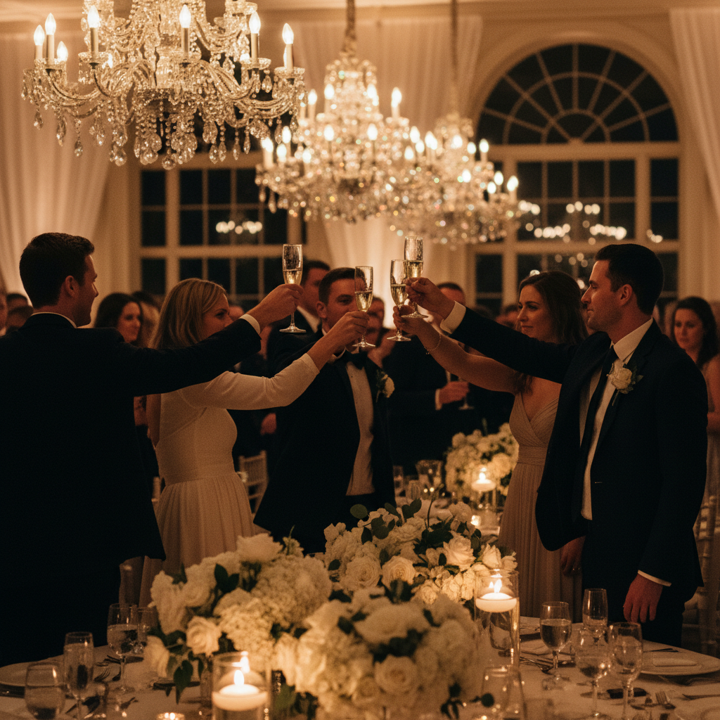 Wedding party standing with raised glasses at reception