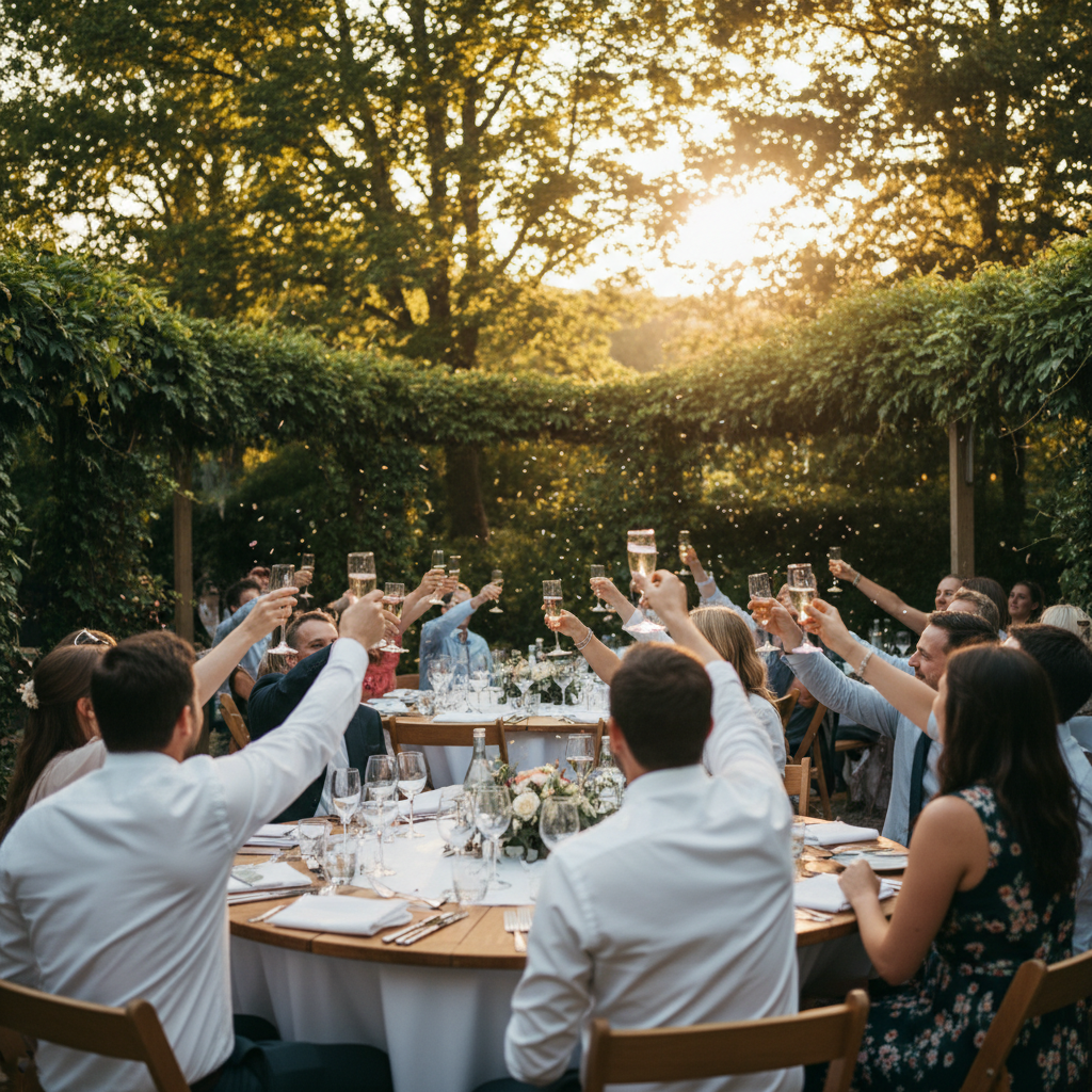Wedding guests smiling and raising glasses at an outdoor reception