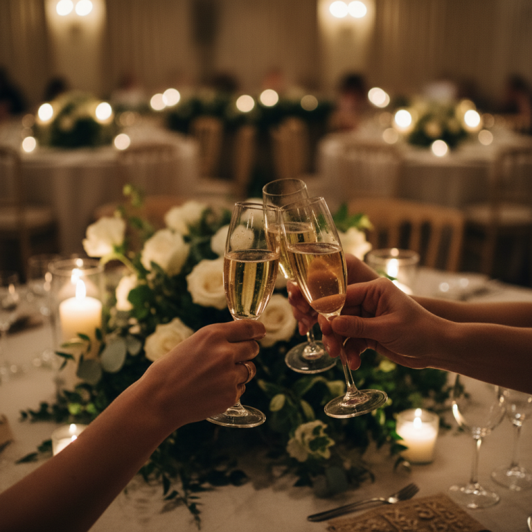 Hands raising champagne glasses in an Irish wedding toast