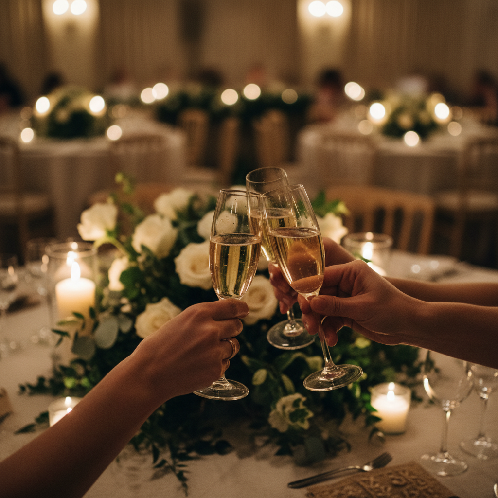 Hands raising champagne glasses in an Irish wedding toast