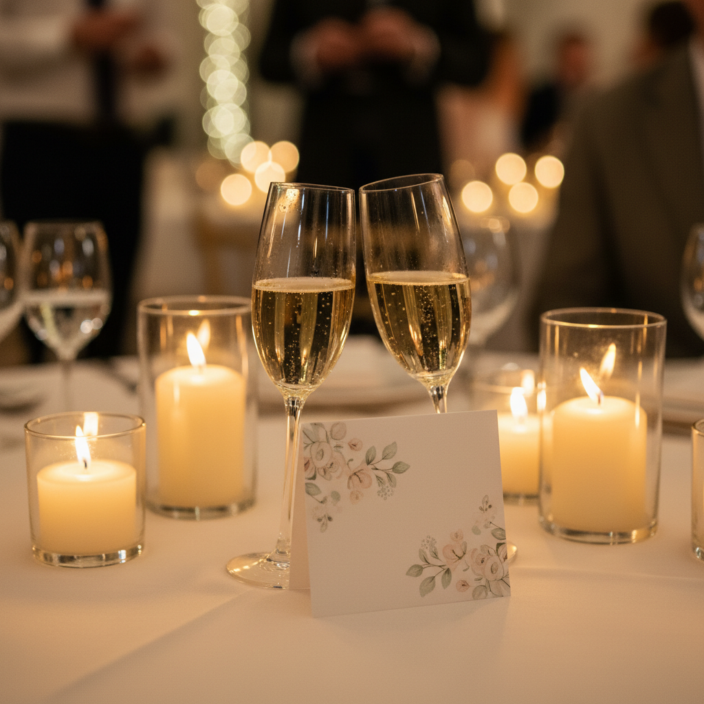 Champagne flutes on a reception table with floral details