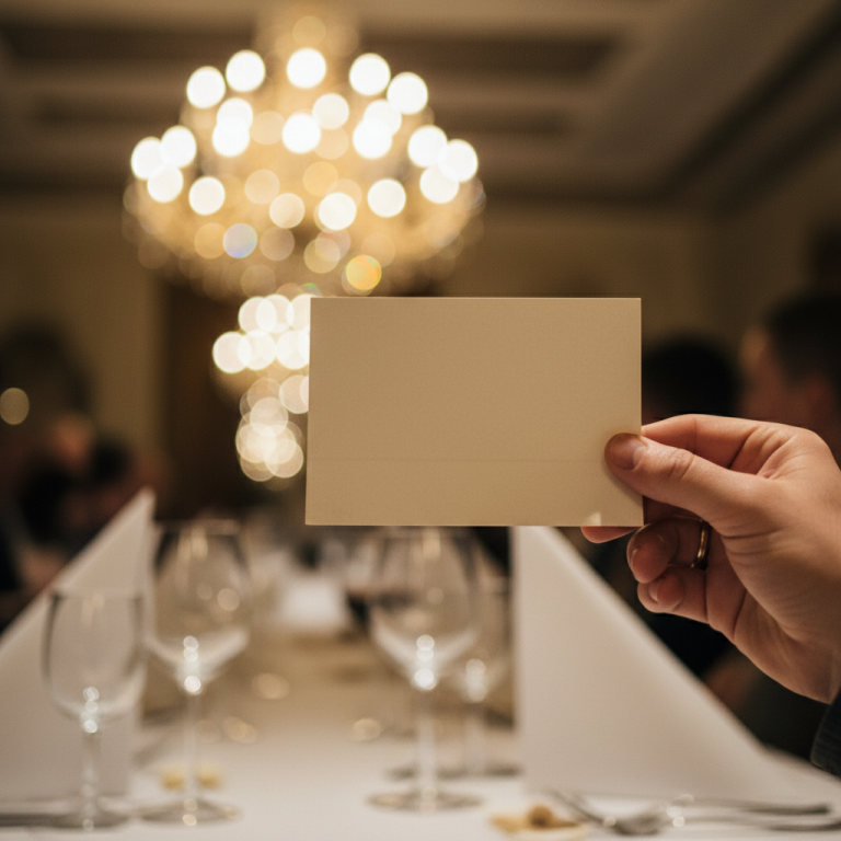 Small index card held in one hand at a wedding reception