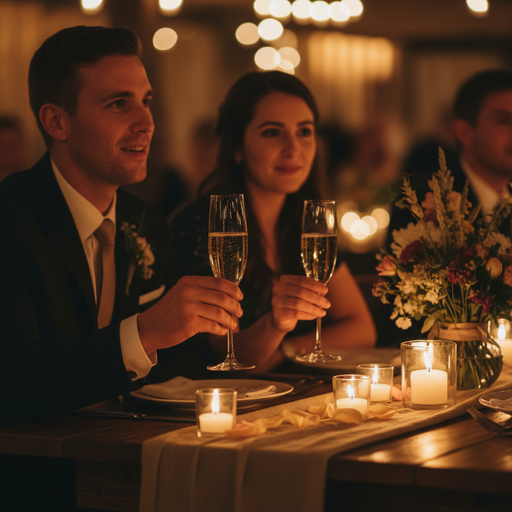 Wedding guests listening attentively during a toast