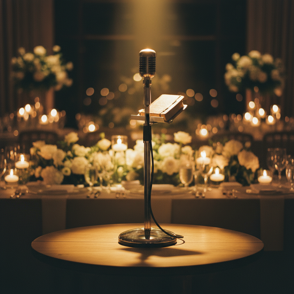 Vintage microphone at a wedding reception with empty stage