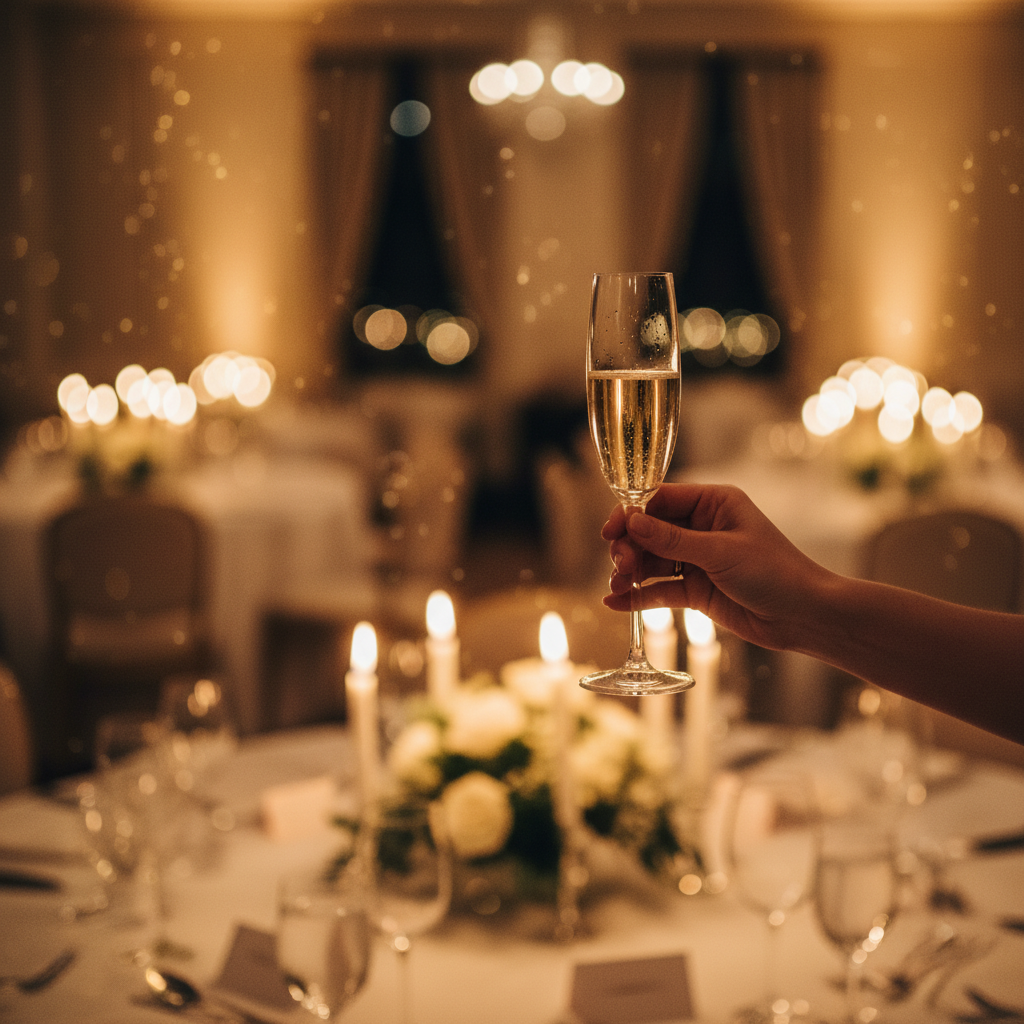 Single champagne flute raised against soft reception lighting