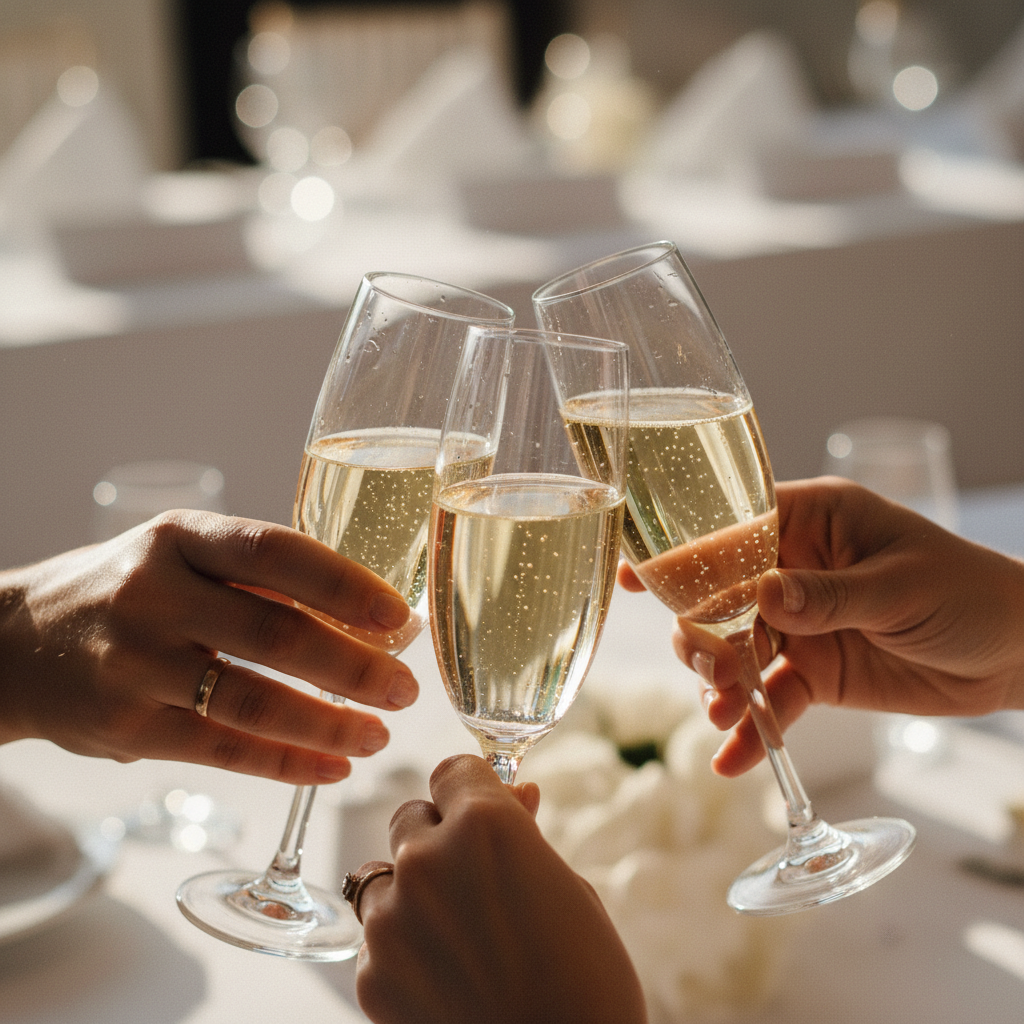 Champagne glasses raised during wedding toast