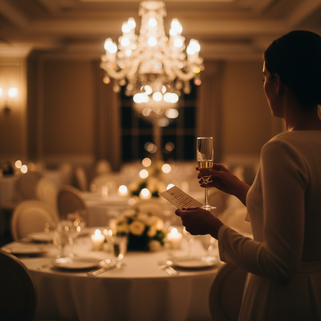 Person at a wedding reception microphone from behind
