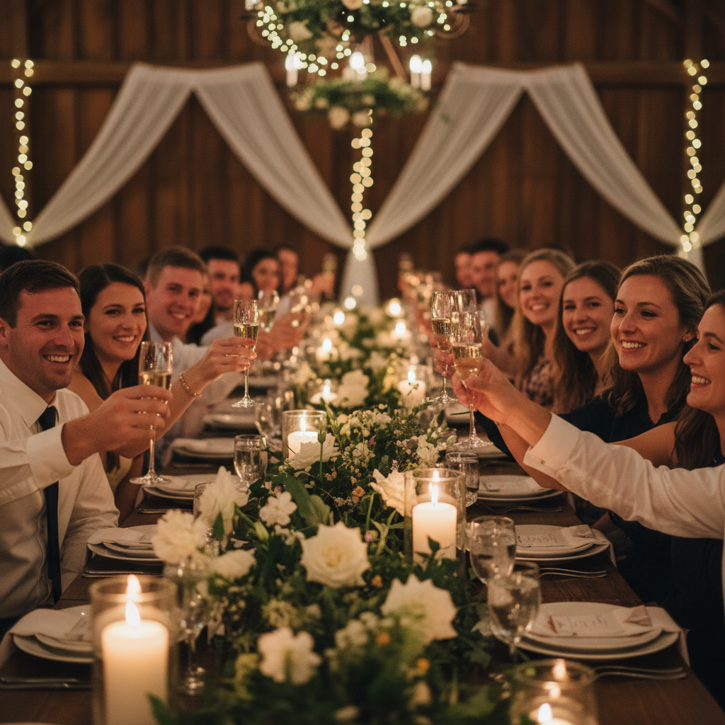 Wedding guests laughing during a toast at a reception