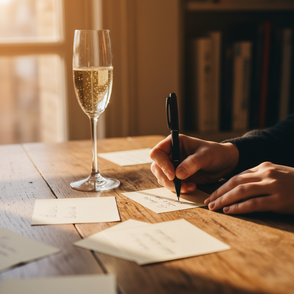 Hands writing notes on small cards before a wedding speech